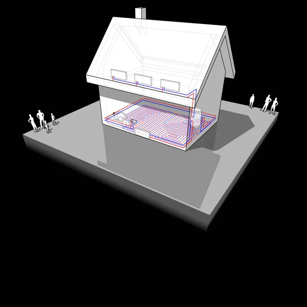 Schema Eines Einfamilienhauses Mit Fußbodenheizung Erdgeschoss Und Heizkörpern Ersten Stock — Stockvektor