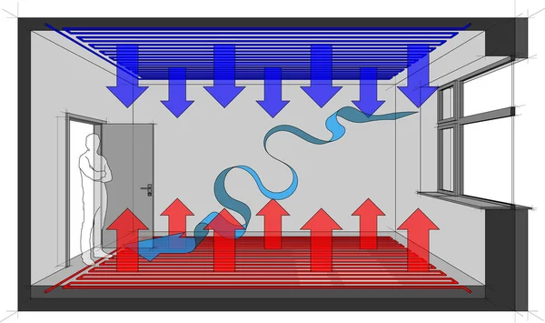 Bir Yerden Isıtmalı Oda Tavan Soğutma Doğal Havalandırma Diyagramı — Stok Vektör