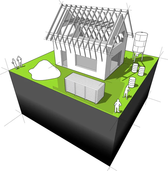 木製の屋根のフレームワークでシンプルな戸建住宅の イラストレーション — ストックベクタ