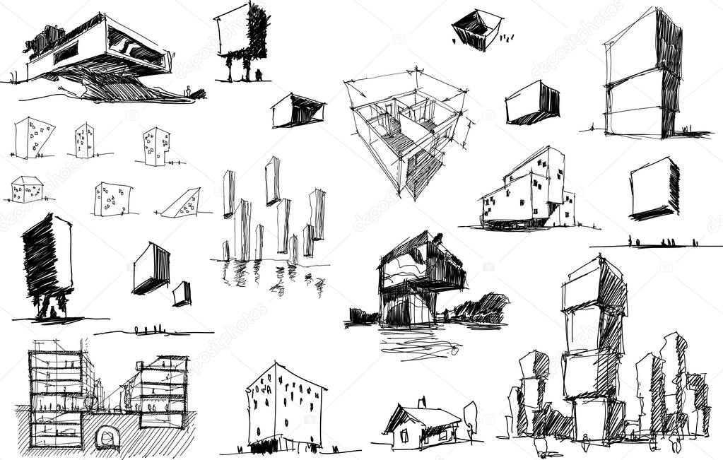 many hand drawn architectectural sketches of a modern abstract architecture nad geometric objects and urban ideas and drafts