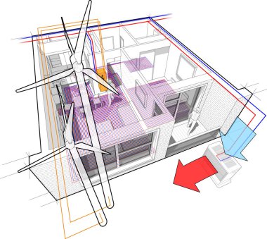 Bir yatak odası daire perspektif kesme diyagramı tamamen sıcak su zemin ısıtma ve elektrik enerjisi kaynağı olarak rüzgar türbinleri ile Isıtma enerjisi ve enerji kaynağı olarak Merkezi Isıtma sistemi ile hava kaynağı ısı pompası ile döşenmiştir