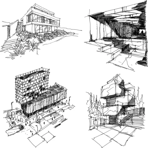 Quatro Esboços Arquitetônicos Desenhados Mão Uma Arquitetura Abstrata Moderna Com —  Vetores de Stock