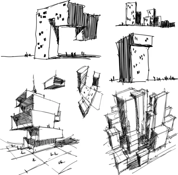 Seis Esboços Arquitetônicos Desenhados Mão Uma Arquitetura Abstrata Moderna — Vetor de Stock
