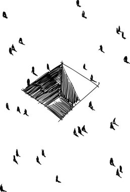 etrafında birçok kişi ile zeminde el çizilmiş illüstrasyon basit soyut dikdörtgen delik