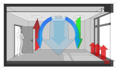 kapı ve uzun boylu Fransız pencere ile boş oda 3D Illustration zemin Konvektör ve ayakta adam açık kapı ve havalandırma ve hava havalandırma ve klima inşa tavan tarafından soğutulmuş ile ısıtılır