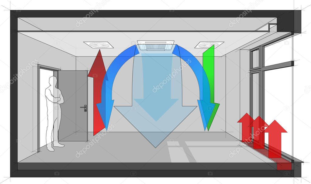 3d illustration of  empty room with door and tall french window heated by floor convector and standing man in the opened door and ventilated and cooled by ceiling built in air ventilation and air conditioning