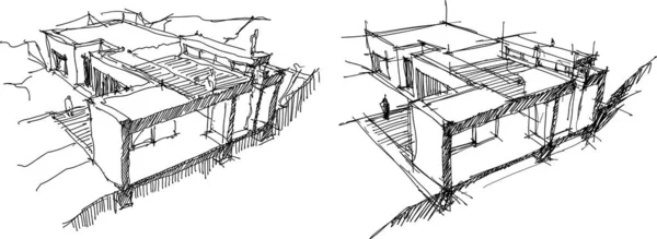 近代的な戸建て住宅を通して断面の手描きの建築スケッチ — ストックベクタ