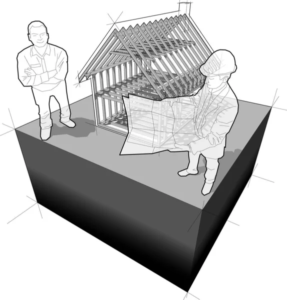 Diagramm Der Holzrahmenkonstruktion Eines Einfachen Einfamilienhauses Mit Architekt Und Glücklich — Stockvektor