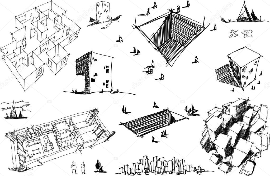 many hand drawn architectectural sketches of a modern abstract architecture nad geometric objects and urban ideas and drafts