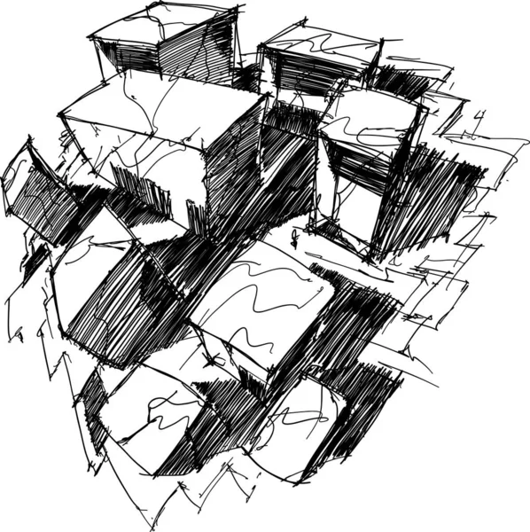 Boceto Arquitectónico Dibujado Mano Una Arquitectura Rectangular Abstracta Moderna Desde — Vector de stock