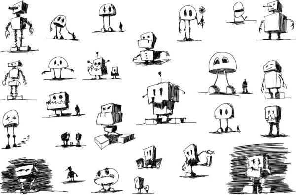 Muchos Bocetos Dibujados Mano Dibujos Divertidos Robots Dibujos Animados Androides — Archivo Imágenes Vectoriales