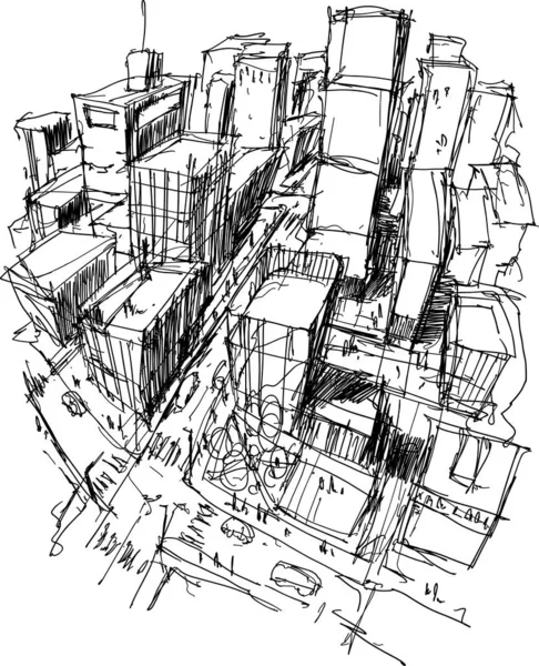 Handritad Arkitektonisk Skiss Modern Stad Med Höga Byggnader Och Människor — Stock vektor