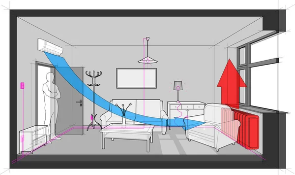 Habitación Amueblada Con Sofá Silla Mesa Armarios Lámpara Techo Paños — Vector de stock