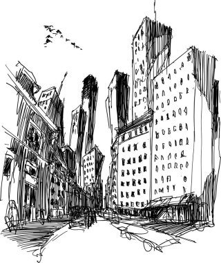 Yüksek binaları ve hızlı caddeleri olan modern bir şehrin el çizimi.