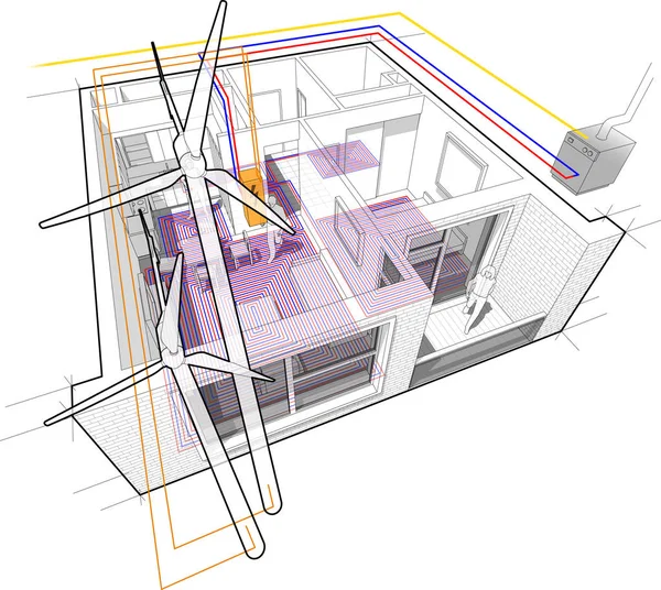 Apartment Diagram Floor Heating Gas Water Boiler Connected Wind Turbines — Stock Vector