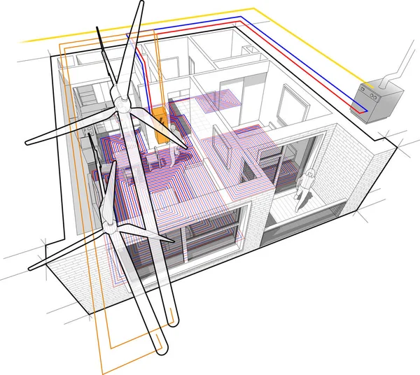 Schéma Appartement Avec Chauffage Sol Chaudière Gaz Relié Aux Éoliennes — Image vectorielle