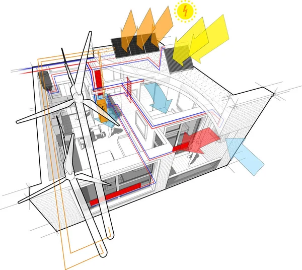 Appartementendiagram Met Radiatorverwarming Aangesloten Windturbines Fotovoltaïsche Zonnepanelen Airconditioning — Stockvector