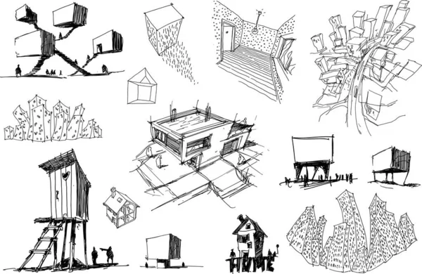 Mnoho Ručně Kreslených Architektonických Náčrtků Moderní Abstraktní Architektury Samostatných Domů — Stockový vektor