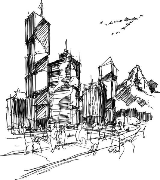 Ručně Vykreslené Architektonické Schéma Moderního Města Vysokými Budovami Lidmi Ulicích — Stockový vektor