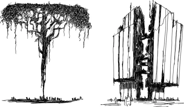 Zwei Handgezeichnete Künstlerische Federzeichnungen Von Modernen Hohen Futuristischen Gebäuden Und — Stockvektor
