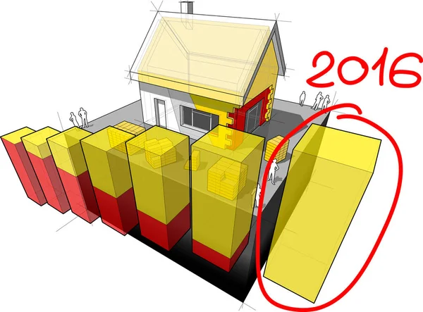 追加の壁と屋根の断熱材と手描きノートを持つ戸建て住宅の図の3Dイラスト2016最後の図バー上 — ストックベクタ