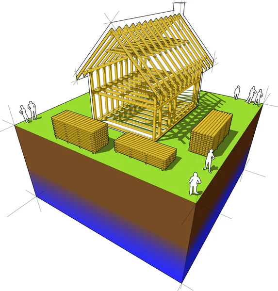 木造軸組構造とシンプルな戸建住宅の建設 — ストックベクタ