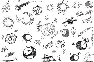 Roketler, uzay istasyonları, yıldızlar ve UFO 'larla gezegenler ve uzay uçuşları hakkında birçok el çizimi yapıldı.