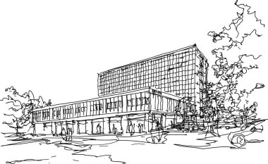 Sokaklardaki yüksek binalar ve insanlarla modern bir şehrin el çizilmiş mimari kroki