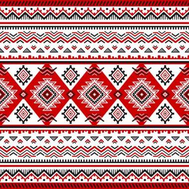 Siyah, beyaz, kırmızı renkleri ile etnik seamless modeli. Ukraynalı Slav geleneksel renkler tarafından motifler esin kaynağı oldu. Geometrik arka plan. Modern soyut duvar kağıdı. Tasarım kağıt, tekstil. Vektör.