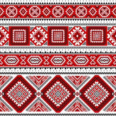 Siyah, beyaz, kırmızı renkleri ile etnik seamless modeli. Ukraynalı Slav geleneksel renkler tarafından motifler esin kaynağı oldu. Geometrik arka plan. Modern soyut duvar kağıdı. Tasarım kağıt, tekstil. Vektör.