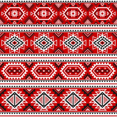 Siyah, beyaz, kırmızı renkleri ile etnik seamless modeli. Ukraynalı Slav geleneksel renkler tarafından motifler esin kaynağı oldu. Geometrik arka plan. Modern soyut duvar kağıdı. Tasarım kağıt, tekstil. Vektör.