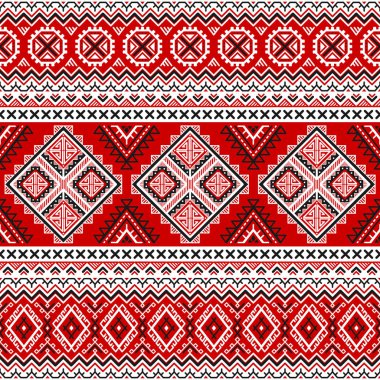 Siyah, beyaz, kırmızı renkleri ile etnik seamless modeli. Ukraynalı Slav geleneksel renkler tarafından motifler esin kaynağı oldu. Geometrik arka plan. Modern soyut duvar kağıdı. Tasarım kağıt, tekstil. Vektör.