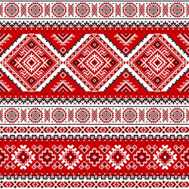 Siyah, beyaz, kırmızı renkleri ile etnik seamless modeli. Ukraynalı Slav geleneksel renkler tarafından motifler esin kaynağı oldu. Geometrik arka plan. Modern soyut duvar kağıdı. Tasarım kağıt, tekstil. Vektör.