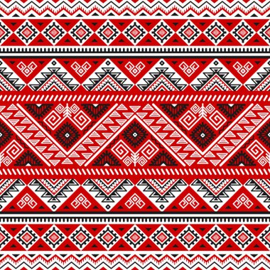 Siyah, beyaz, kırmızı renkleri ile etnik seamless modeli. Ukraynalı Slav geleneksel renkler tarafından motifler esin kaynağı oldu. Geometrik arka plan. Modern soyut duvar kağıdı. Tasarım kağıt, tekstil. Vektör.