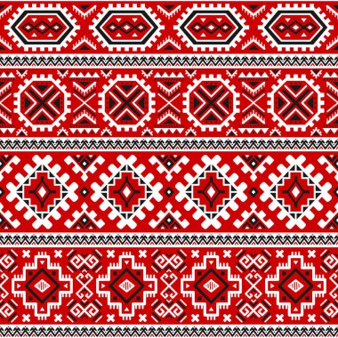 Siyah, beyaz, kırmızı renkleri ile etnik seamless modeli. Ukraynalı Slav geleneksel renkler tarafından motifler esin kaynağı oldu. Geometrik arka plan. Modern soyut duvar kağıdı. Tasarım kağıt, tekstil. Vektör.