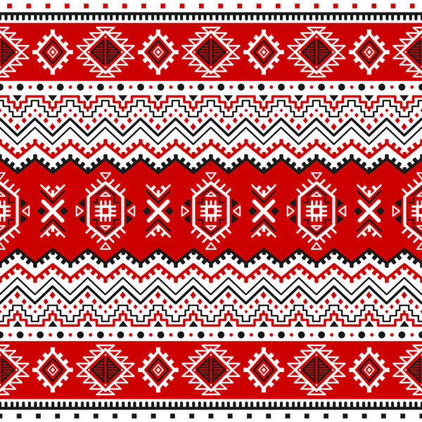 Ethnic seamless pattern with black, white, red colors. Inspired by ukrainian slavic traditional colors, motifs. Geometric background. Modern abstract wallpaper. For design of paper, textile. Vector.