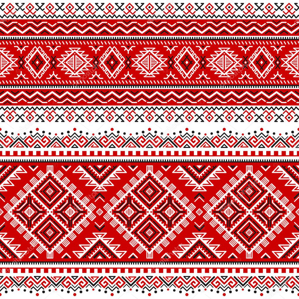 Ethnic seamless pattern with black, white, red colors. Inspired by ukrainian slavic traditional colors, motifs. Geometric background. Modern abstract wallpaper. For design of paper, textile. Vector.