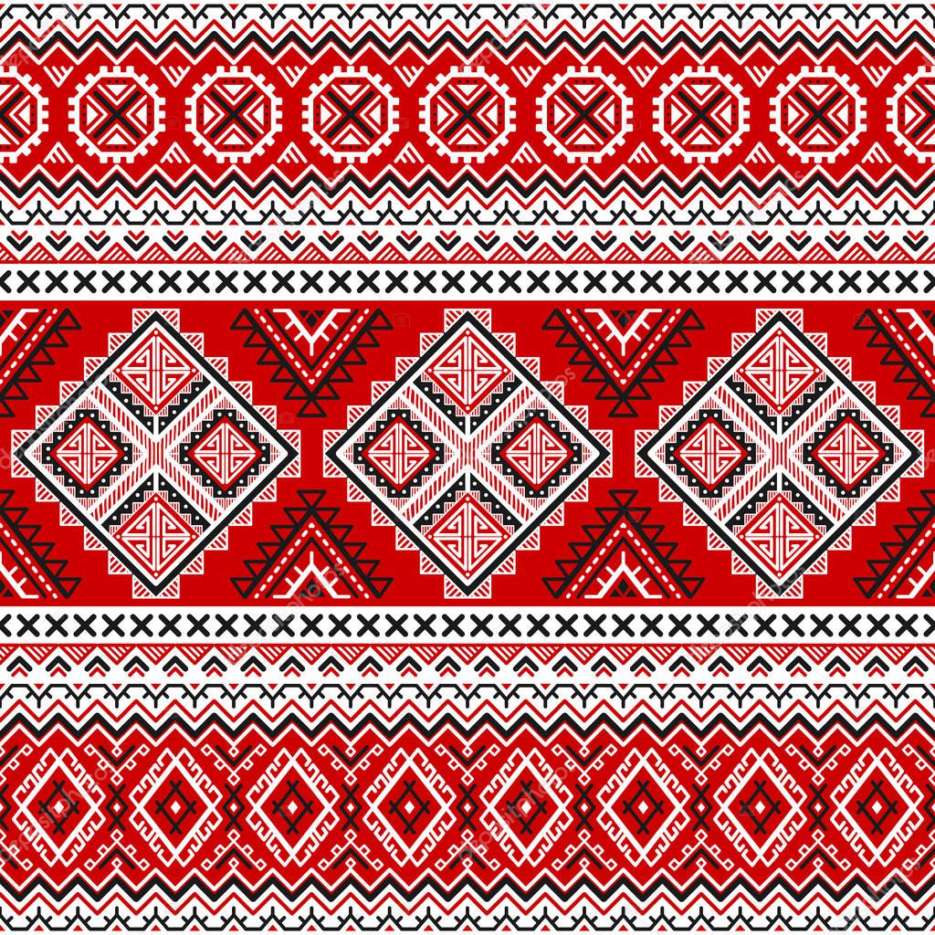 Ethnic seamless pattern with black, white, red colors. Inspired by ukrainian slavic traditional colors, motifs. Geometric background. Modern abstract wallpaper. For design of paper, textile. Vector.