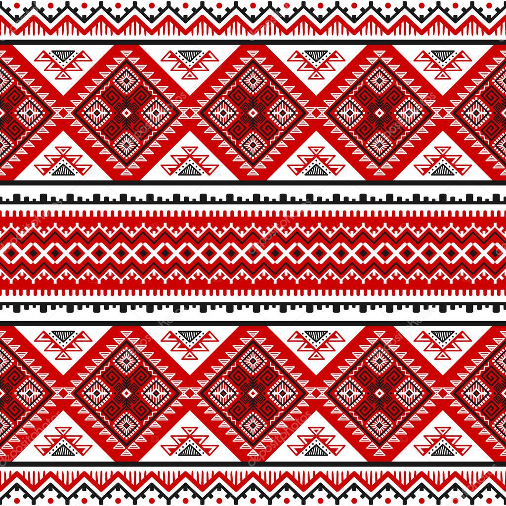 Ethnic seamless pattern with black, white, red colors. Inspired by ukrainian slavic traditional colors, motifs. Geometric background. Modern abstract wallpaper. For design of paper, textile. Vector.