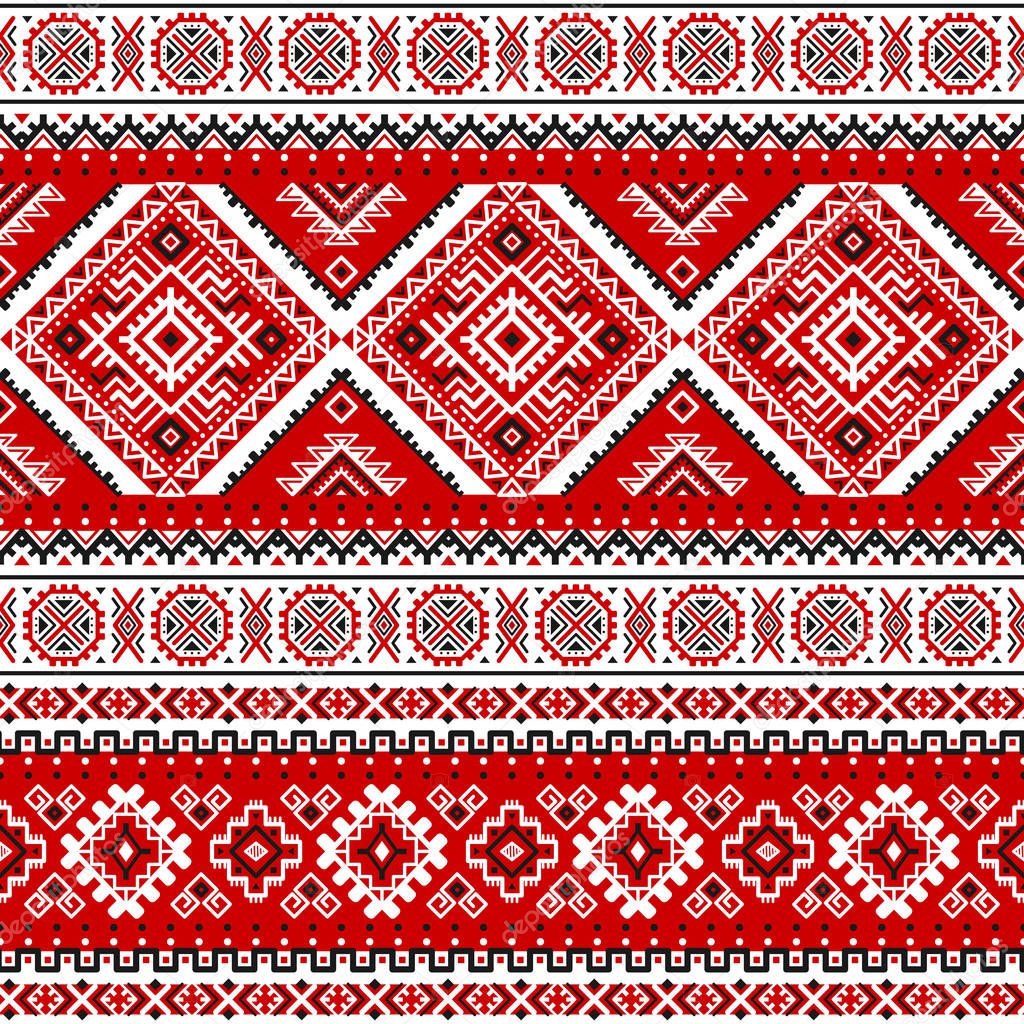 Ethnic seamless pattern with black, white, red colors. Inspired by ukrainian slavic traditional colors, motifs. Geometric background. Modern abstract wallpaper. For design of paper, textile. Vector.