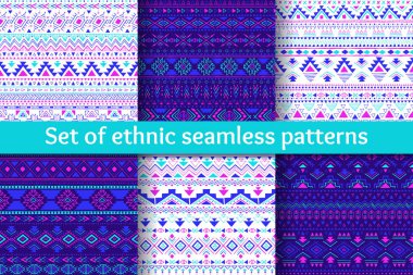 Altı kabile Dikişsiz desen seti. Mavi, mor, pembe renklerde geometrik arka planlar. Şık navajo tasarım. Modern El Soyut kartları çekilmiş. Vektör çizim.