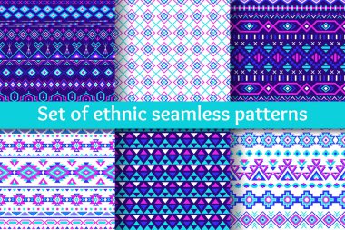 Altı kabile Dikişsiz desen seti. Mavi, mor, pembe renklerde geometrik arka planlar. Şık navajo tasarım. Modern Soyut kartları. Vektör çizim.