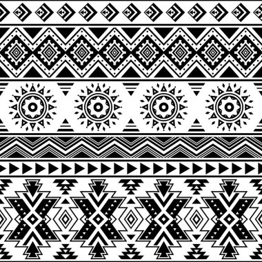 Aztec seamless pattern. Tribal geometric black-white background. Can be used in fabric design for making of clothes, accessories; decorative paper, wrapping, envelope; web design, etc. Vector illustration. clipart