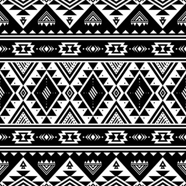 Kabile çizgili seamless modeli. Aztek geometrik siyah-beyaz arka plan. Kumaş tasarımında giyim ve aksesuvarlar yapmak kullanılabilir; dekoratif kağıt, zarf kaydırma; Web tasarımı, vb. Vektör çizim.