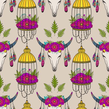 İnek kafatası ve kuş kafesi ile Seamless modeli. Boho tarzı. Tekstil, ambalaj, tebrik kartları, davetiyeleri, düğün dekorasyon için şablon. Bohem tasarım. Vektör çizim.