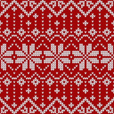 Kış kazak fairisle tasarım. Sorunsuz Noel ve yeni yıl yün örgü modeli. Kar taneleri ile vektör çizim. Tatil geleneksel arka plan.