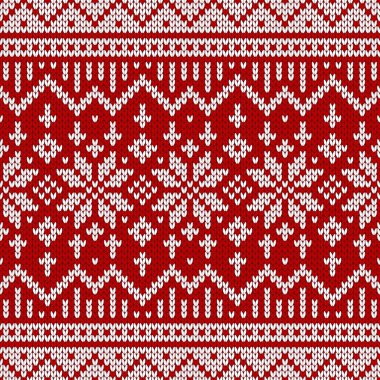 Kış kazak fairisle tasarım. Sorunsuz Noel ve yeni yıl yün örgü modeli. Kar taneleri ile vektör çizim. Tatil geleneksel arka plan.
