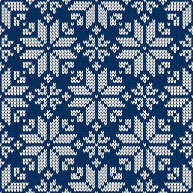 Kış kazak fairisle tasarım. Sorunsuz Noel ve yeni yıl yün örgü modeli. Kar taneleri ile vektör çizim. Tatil geleneksel arka plan.