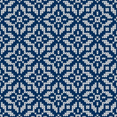 Kış kazak fairisle tasarım. Sorunsuz Noel ve yeni yıl yün örgü modeli. Kar taneleri ile vektör çizim. Tatil geleneksel arka plan.