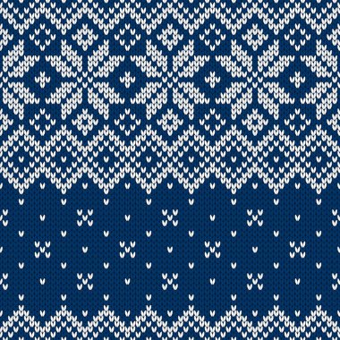 Kış kazak fairisle tasarım. Sorunsuz Noel ve yeni yıl yün örgü modeli. Kar taneleri ile vektör çizim. Tatil geleneksel arka plan.